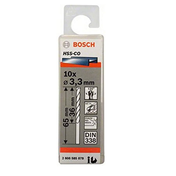 علبة بنط كوبلت للتخريم فى الاستانلس 10قطع3.3مم بوشBOSCH PACK OF 10 Metal Drill Bits HSS-CO 3,3X36X65 - عالم العدد | Tools World Trade