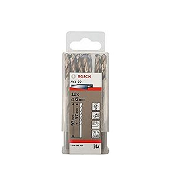 علبة بنط كوبلت للتخريم فى الاستانلس10قطع قطر6مم بوشBOSCH Pack Of 10 Metal Drill Bit HSS-Co 6X57X93 - عالم العدد | Tools World Trade