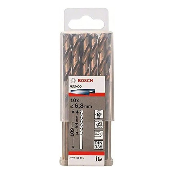 علبة بنط كوبلت للتخريم فى الاستانلس10قطع قطر6.8مم بوشPack Of 10 Metal Drill Bit HSS-Co 6,8X69X109 BOSCH - عالم العدد | Tools World Trade