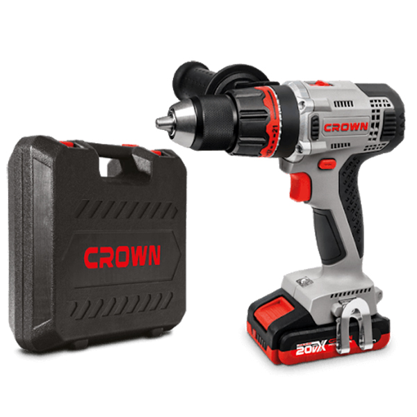شنيور بطاريه كراون ٢٠ فولت 13مم ظرف معدن 60 نيوتن 2 امبير موديل CROWN - CT21076HMX-2