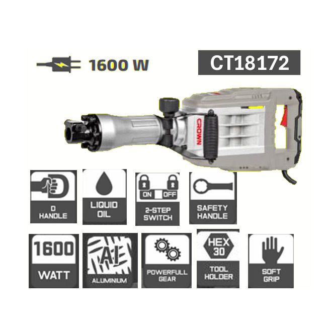 كيت شاكوش تكسير كراون 1600 وات 15 كجم شنطه بلاستيك CROWN CT18172 j45 - عالم العدد | Tools World Trade