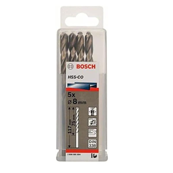 علبة بنط كوبلت للتخريم فى الاستانلس5قطع قطر8مم بوشBOSCH PACK OF 5 Metal Drill Bits HSS-CO 8X75X117 - عالم العدد | Tools World Trade