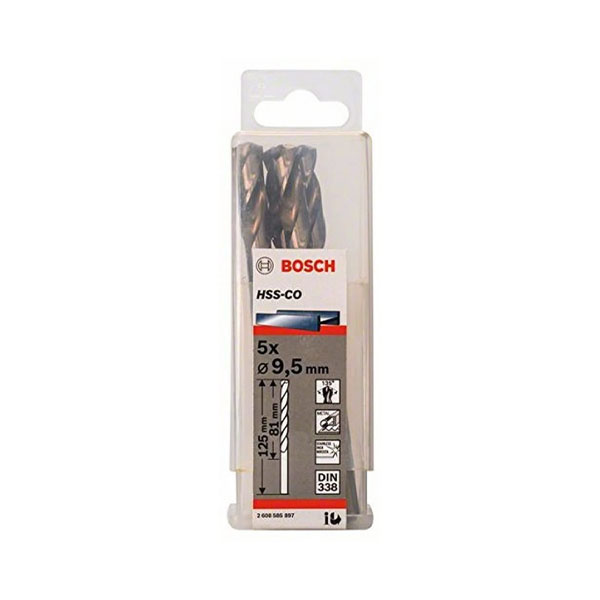 علبة بنط كوبلت للتخريم فى الاستانلس 5قطع 9.5 مم بوشPACK OF 5 Metal Drill Bits HSS-CO 9,5X81X12 BOSCH - عالم العدد | Tools World Trade